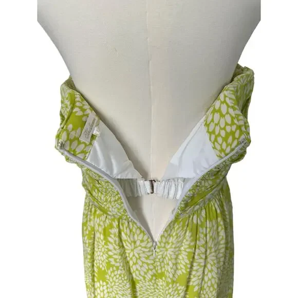 Shoshanna 100% Silk Dress Short Floral Boho Strapless Flowy Lime Neon Green Sz 6 - Picture 10 of 14